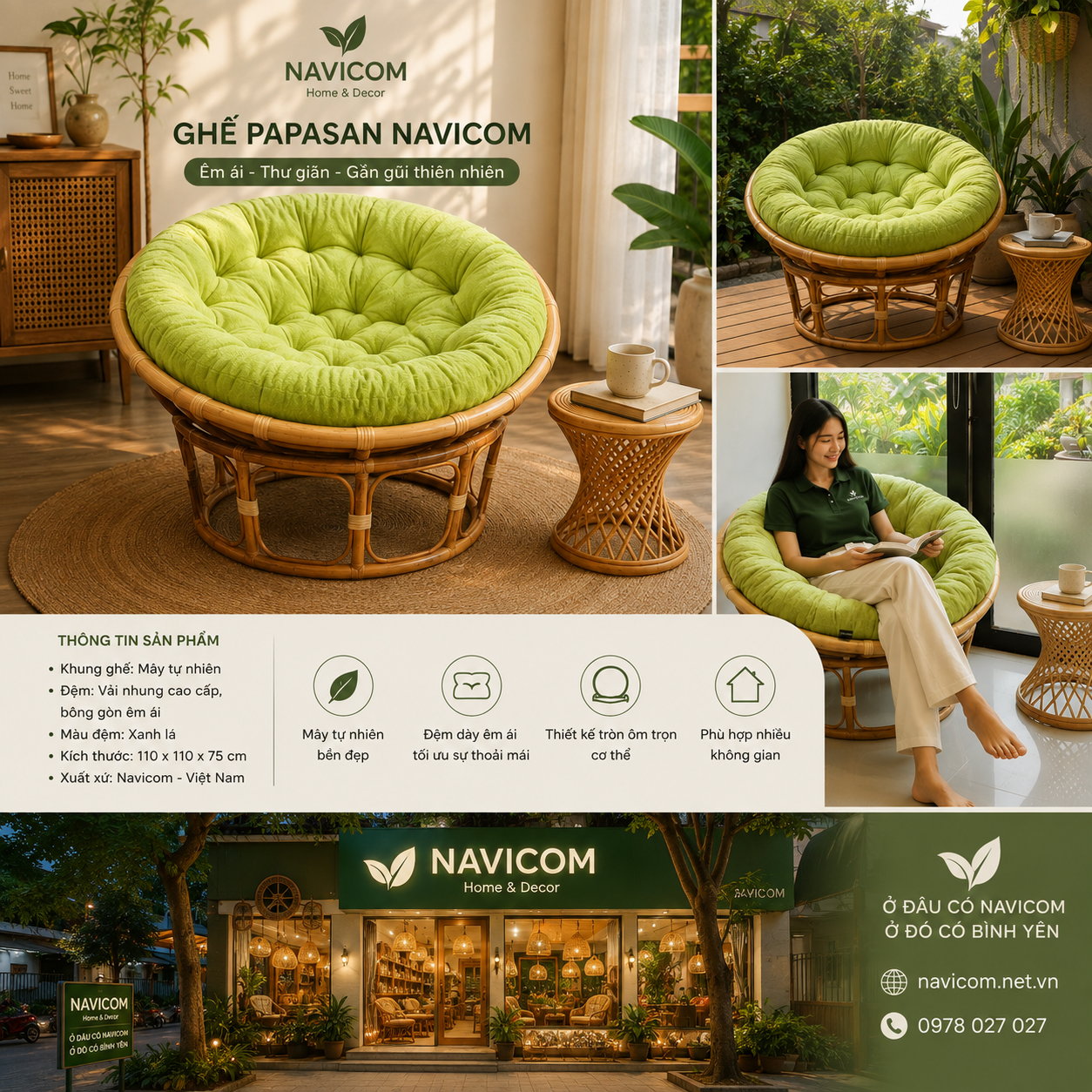 Ghế papasan navicom (nệm xanh cốm)